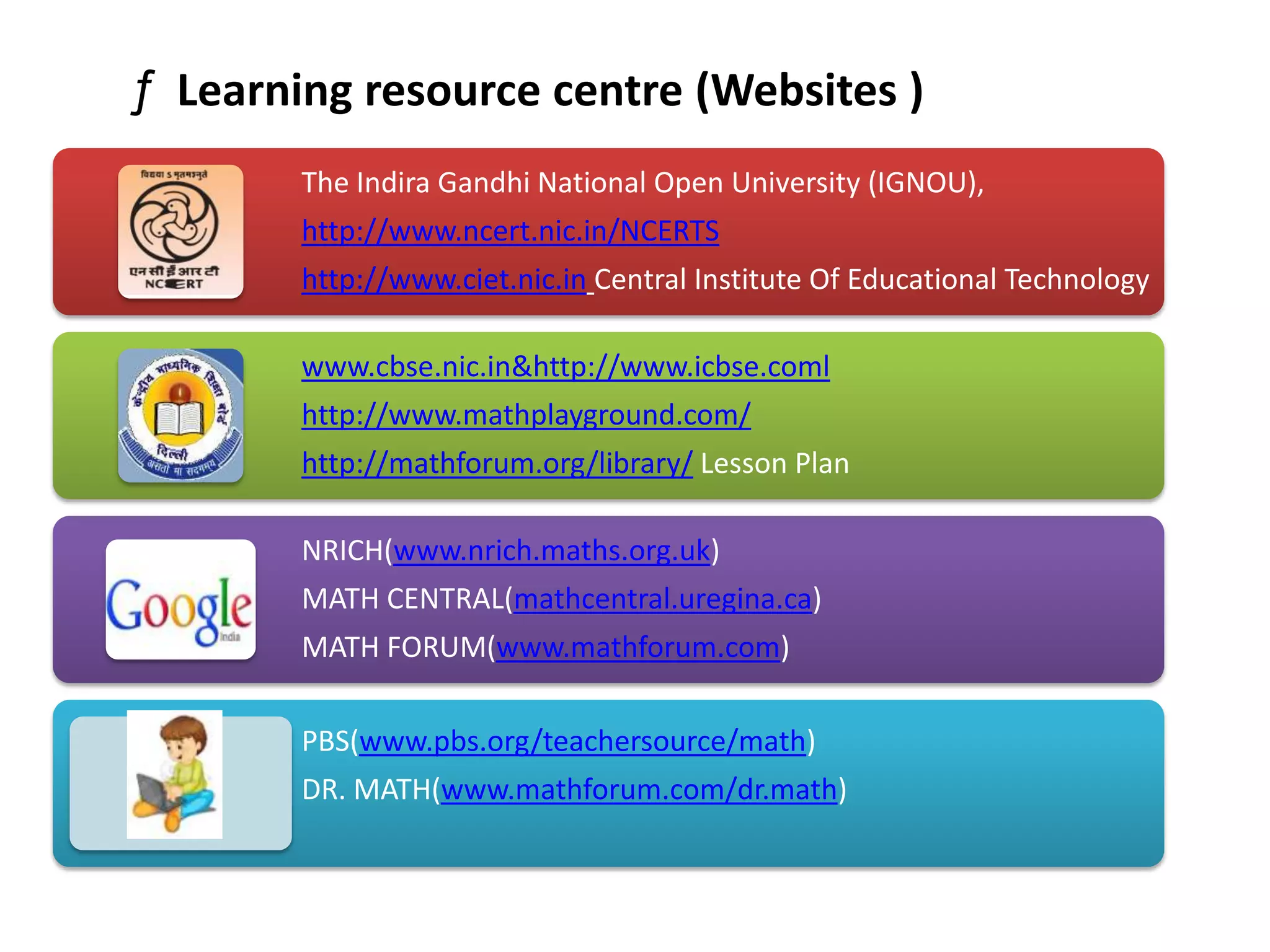 ƒ Learning resource centre (Websites )
        The Indira Gandhi National Open University (IGNOU),
        http://www.ncert.nic.in/NCERTS
        http://www.ciet.nic.in Central Institute Of Educational Technology

        www.cbse.nic.in&http://www.icbse.coml
        http://www.mathplayground.com/
        http://mathforum.org/library/ Lesson Plan

        NRICH(www.nrich.maths.org.uk)
        MATH CENTRAL(mathcentral.uregina.ca)
        MATH FORUM(www.mathforum.com)

        PBS(www.pbs.org/teachersource/math)
        DR. MATH(www.mathforum.com/dr.math)
 