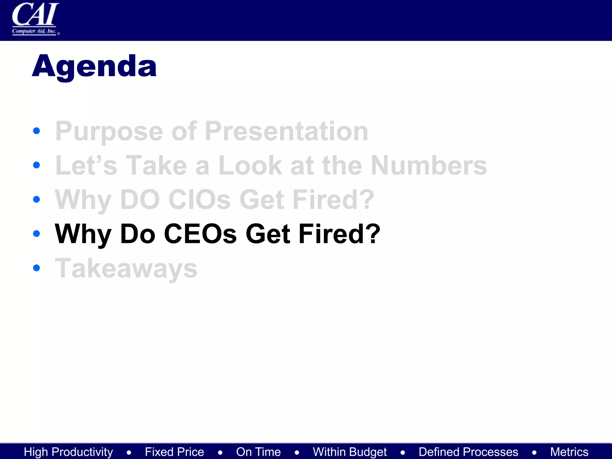 High Productivity  Fixed Price  On Time  Within Budget  Defined Processes  Metrics
Agenda
• Purpose of Presentation
• Let’s Take a Look at the Numbers
• Why DO CIOs Get Fired?
• Why Do CEOs Get Fired?
• Takeaways
 