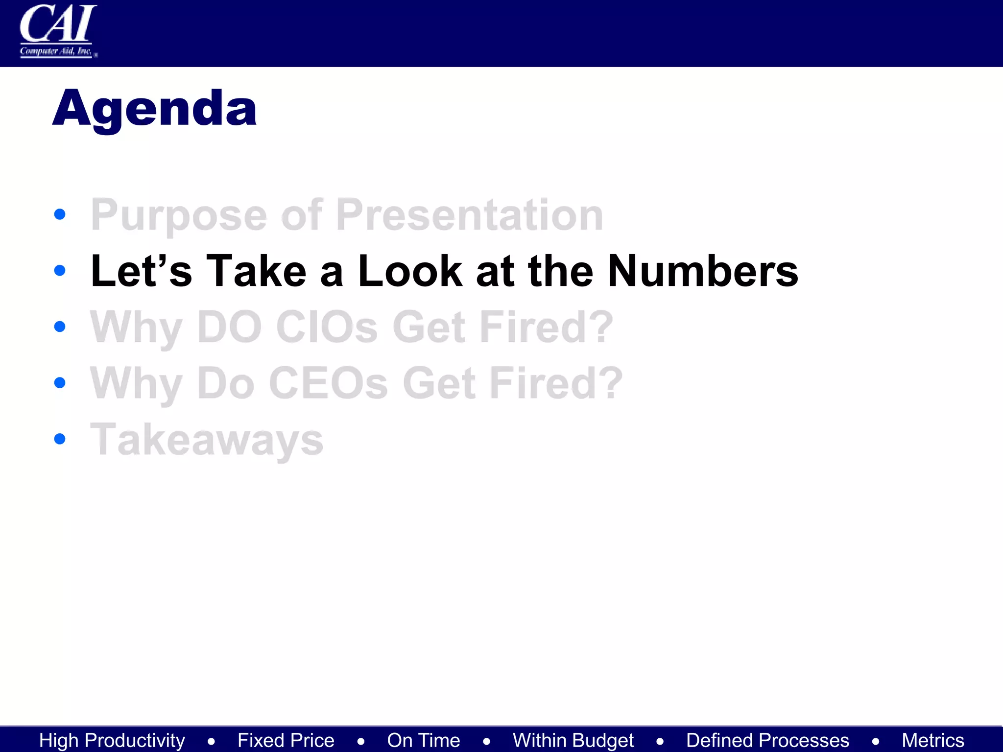 High Productivity  Fixed Price  On Time  Within Budget  Defined Processes  Metrics
Agenda
• Purpose of Presentation
• Let’s Take a Look at the Numbers
• Why DO CIOs Get Fired?
• Why Do CEOs Get Fired?
• Takeaways
 