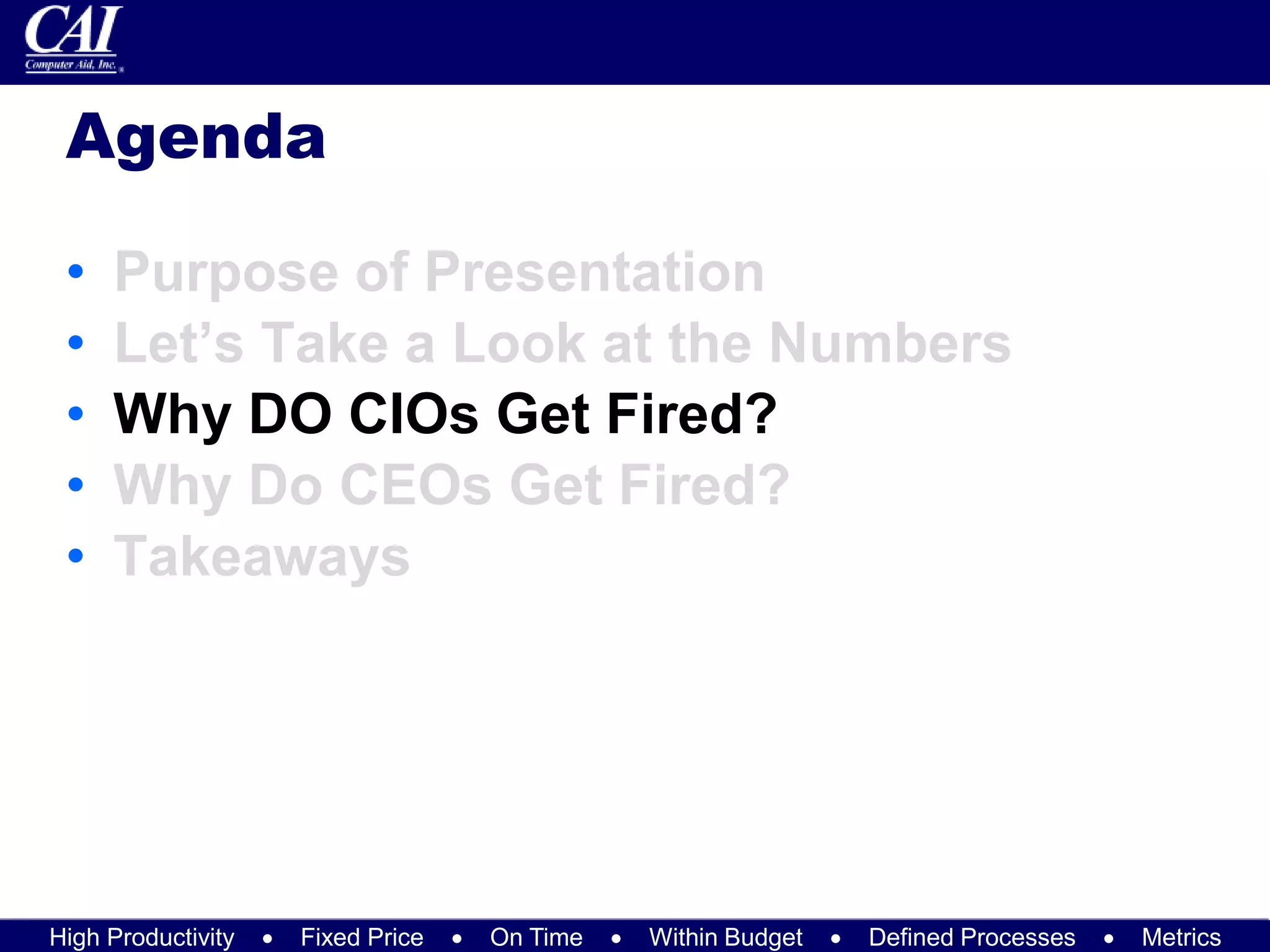 High Productivity  Fixed Price  On Time  Within Budget  Defined Processes  Metrics
Agenda
• Purpose of Presentation
• Let’s Take a Look at the Numbers
• Why DO CIOs Get Fired?
• Why Do CEOs Get Fired?
• Takeaways
 