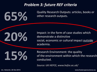 Problem 3: future REF criteria 
Quality Research Outputs: articles, books or 
other research outputs. 
Impact: in the form of case studies which 
demonstrate a distinctive 
social, economic or cultural impact outside 
academia. 
Research Environment: the quality 
of the environment within which the research conducted. 
Source: UK HEFCE, www.hefce.ac.uk/ 
 