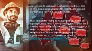 Over the past 70 years, Australia has welcomed more than
seven million permanent migrants, more than two million
of whom have entered in the last ten years.
These immigrants tend to be younger than the Australian
population, more likely to have postsecondary degrees, and
facilitate crucial international business and financial ties.
Recent waves of immigration have not negatively impacted
Australian-born workers' income or employment
opportunities, as CEDA showed in its Effects of
Temporary Migration report.
 