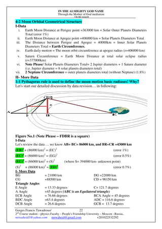 IN THE ALMIGHTY GOD NAME
Through the Mother of God mediation
I do this research
Gerges Francis Tawadrous/
2nd
Course student – physics Faculty – People's Friendship University – Moscow –Russia..
mrwaheid1@yahoo.com mrwaheid@gmail.com +201022532292
22
4-2 Moon Orbital Geometrical Structure
I-Data
i. Earth Moon Distance at Perigee point =363000 km = Solar Outer Planets Diameters
Total (error 1%)
ii. Earth Moon Distance at Apogee point =406000 km = Solar Planets Diameters Total
iii. The Distance between Perigee and Apogee = 40000km = Inner Solar Planets
Diameters Total = Earth Circumference.
iv. Earth daily motion = The moon orbit circumference at apogee radius (r=406000 km)
v. Saturn Circumference = Earth Moon Distance at total solar eclipse radius
(r=377000km)
vi. Note Please/ Solar Planets Diameters Total= 2 Jupiter diameters + 1 Saturn diameter
(i.e. Jupiter diameter = 8 solar planets diameters total)
vii. 2 Neptune Circumference = outer planets diameters total (without Neptune) (1.8%)
II- More Data
1-1 Pythagoras rule is used to define the moon motion basic radiuses! Why?
Let's start our detailed discussion by data revision… in following:
Figure No.1 (Note Please – FDBR is a square)
I-Data
Let's review the data … we know AB= BC= 86000 km, and BR=CR =43000 km
(EB)2
+ (86000 km)2
= (EC)2
(error 1%)
(EC)2
+ (86000 km)2
= (EG)2
(error 0.5%)
(EG)2
+ (86000 km)2
= (S)2
(where S= 394000 km- unknown point)
(S)2
+ (86000 km)2
= (ED)2
(error 0.7%)
I- More Data
BG = 21000 km DG =22000 km
CG =88500 km CD = 96150 km
Triangle Angles
E Angle = 13.33 degrees C= 121.7 degrees
A Angle =45 degrees (ABC is an Equilateral triangle)
ECB Angle = 76.66 degrees BCA Angle = 45 degrees
BDC Angle =63.4 degrees ADC = 116.6 degrees
DCB Angle = 26.6 degrees GCB = 13.7 degrees
 