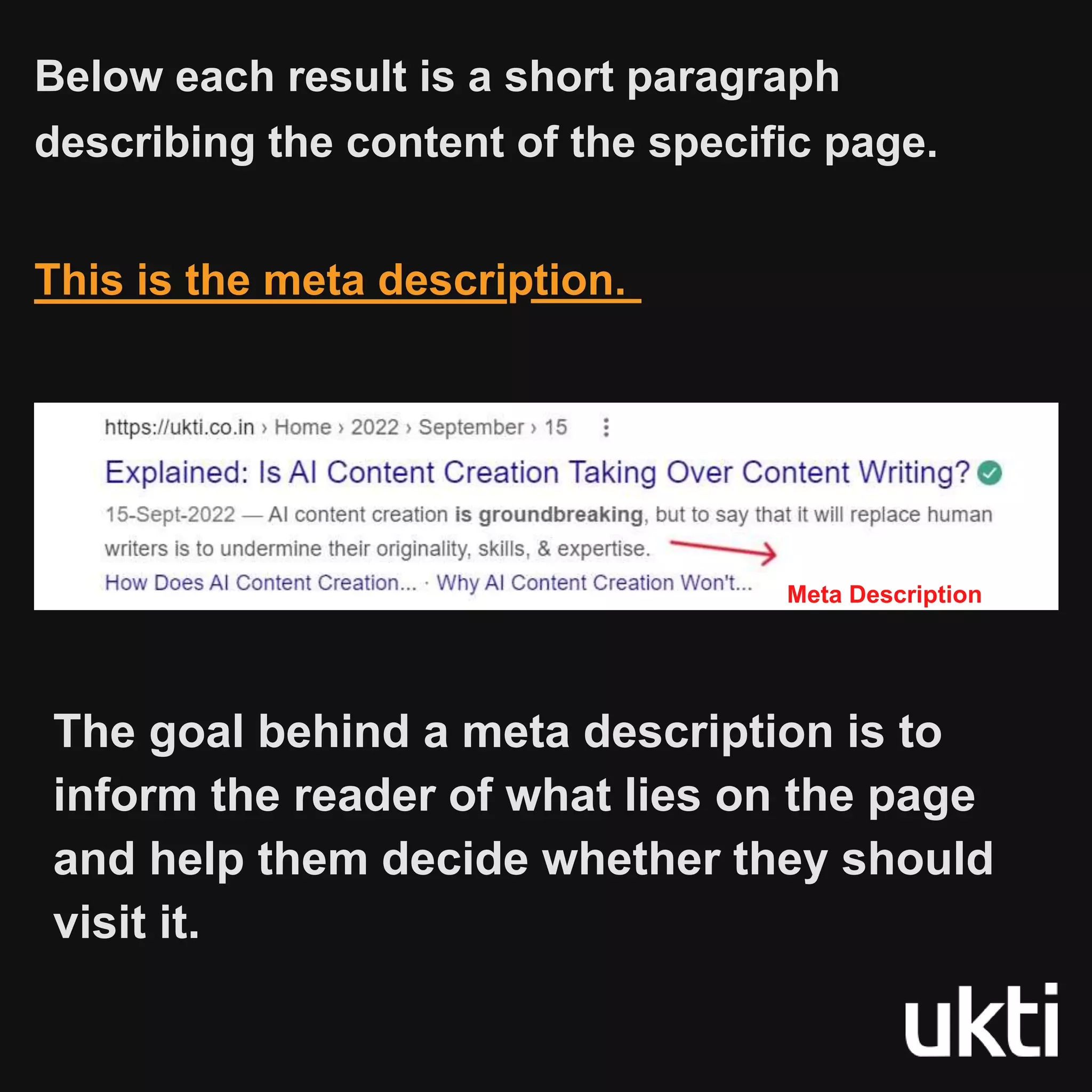 Below each result is a short paragraph
describing the content of the specific page.
This is the meta description.
Meta Description
The goal behind a meta description is to
inform the reader of what lies on the page
and help them decide whether they should
visit it.
 