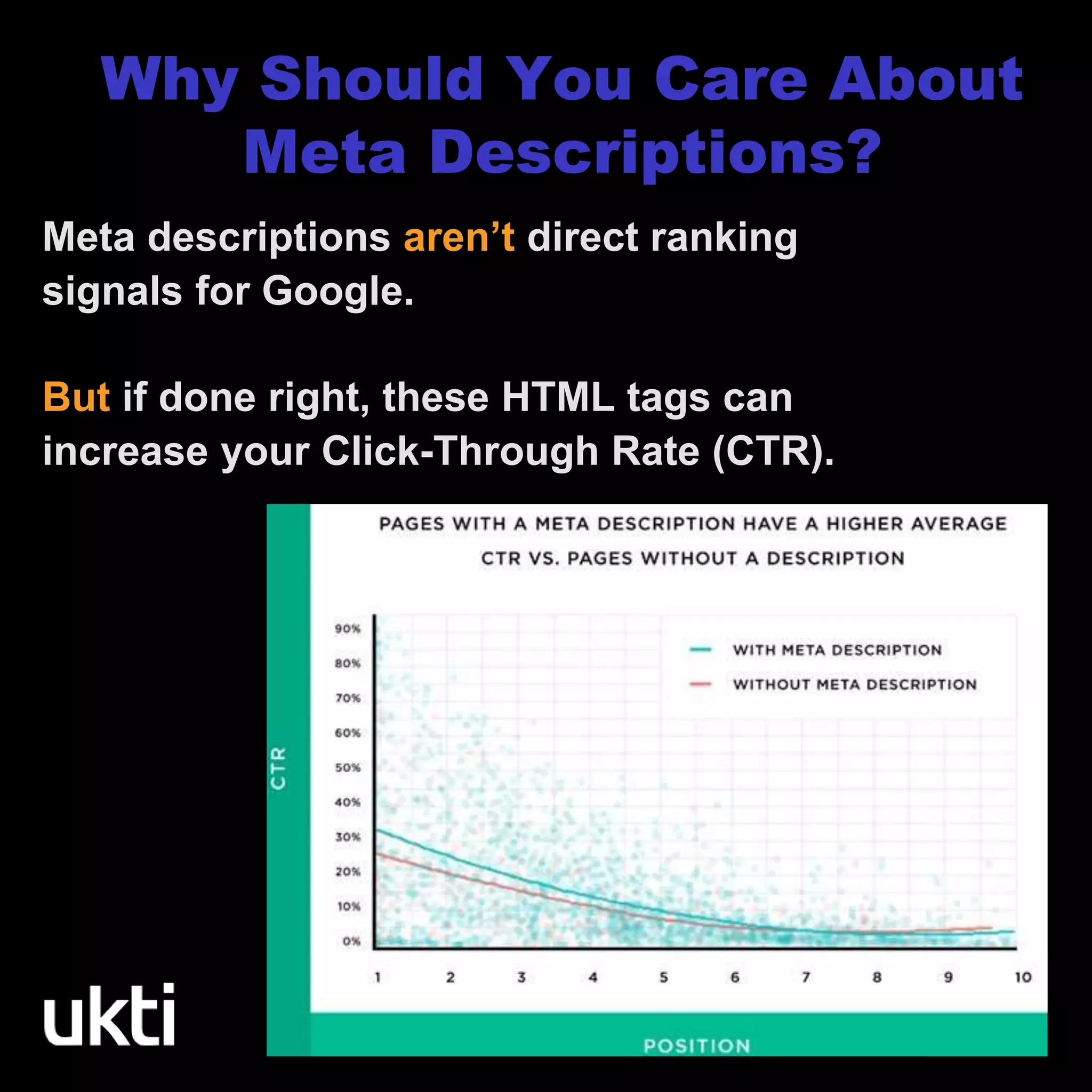 Why Should You Care About
Meta Descriptions?
Meta descriptions aren’t direct ranking
signals for Google.
But if done right, these HTML tags can
increase your Click-Through Rate (CTR).
 
