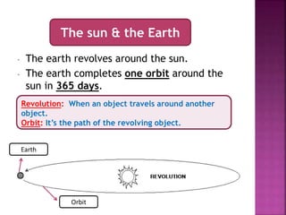 - The earth revolves around the sun.
- The earth completes one orbit around the
sun in 365 days.
The sun & the Earth
Revolution: When an object travels around another
object.
Orbit: It’s the path of the revolving object.
Earth
Orbit
 