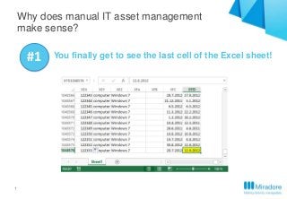 1
Why does manual IT asset management
make sense?
#1 You finally get to see the last cell of the Excel sheet!
 
