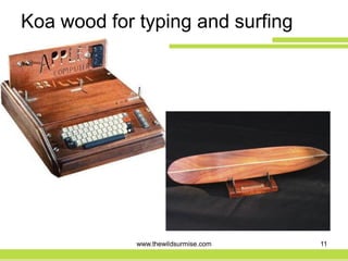Koa wood for typing and surfing




             www.thewildsurmise.com   11
 