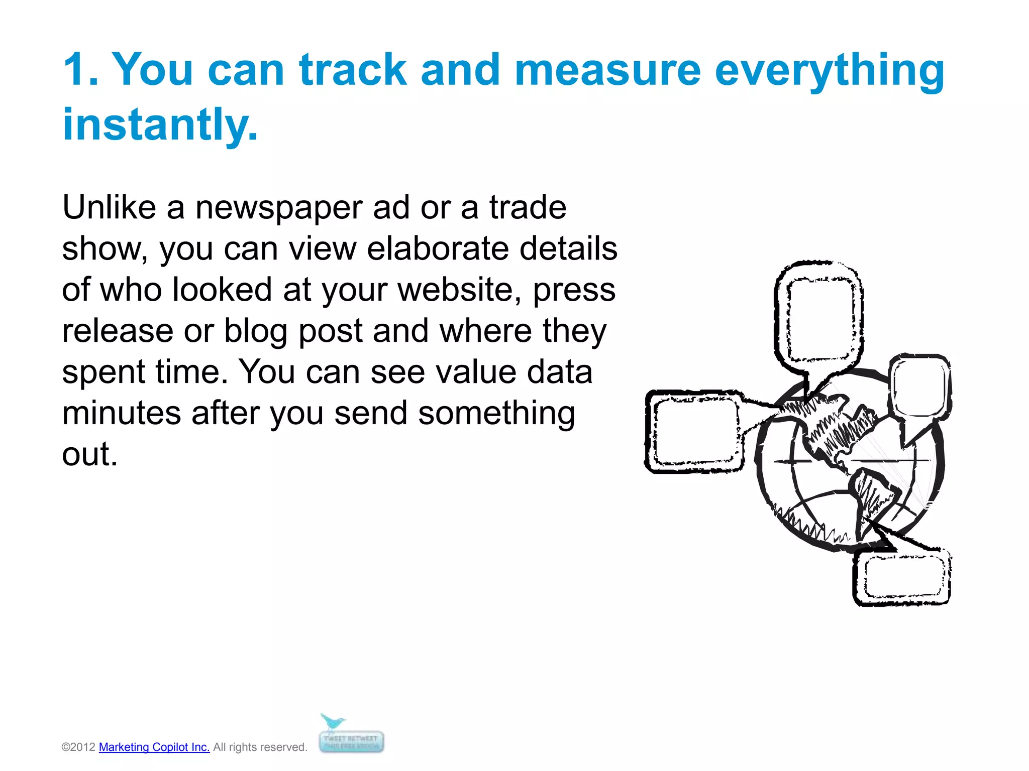 ©2012 Marketing Copilot Inc. All rights reserved.
1. You can track and measure everything
instantly.
Unlike a newspaper ad or a trade
show, you can view elaborate details
of who looked at your website, press
release or blog post and where they
spent time. You can see value data
minutes after you send something
out.
 