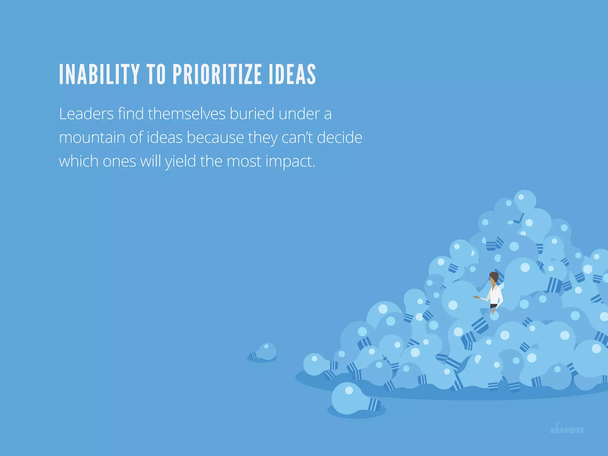 Leaders ﬁnd themselves buried under a
mountain of ideas because they can’t decide
which ones will yield the most impact.
INABILITY TO PRIORITIZE IDEAS
 