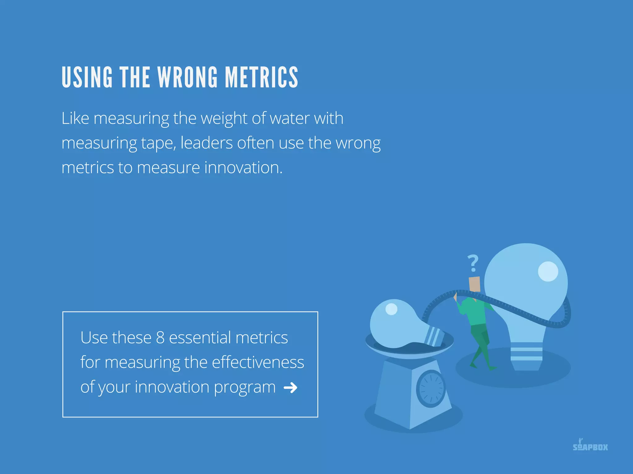 Like measuring the weight of water with
measuring tape, leaders often use the wrong
metrics to measure innovation.
USING THE WRONG METRICS
Use these 8 essential metrics for measuring
the eﬀectiveness of your innovation program
D O W N L O A D M E T R I C S
 