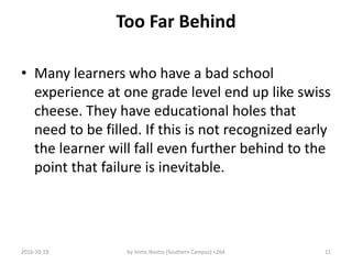 Too Far Behind
• Many learners who have a bad school
experience at one grade level end up like swiss
cheese. They have educational holes that
need to be filled. If this is not recognized early
the learner will fall even further behind to the
point that failure is inevitable.
2016-10-19 by Imms Nostra (Southern Campus) +264 11
 