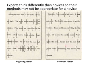Experts think differently than novices so their methods may not be appropriate for a noviceBeginning readerAdvanced reader