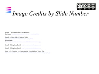 Image Credits by Slide Number

Slide 1. Calvin and Hobbes. Bill Watterson.
The Essay. http://www.youtube.com/watch?v=xx2Slxp0TkM

Slide 2: A Vision of K-12 Students Today
http://www.youtube.com/watch?v=_A-ZVCjfWf8
School Sucks
http://withpraise.files.wordpress.com/2009/04/school-sucks2.jpg

Slide 4: Willingham, Daniel. http://www.danielwillingham.com/

Slide 5: Willingham, Daniel. http://www.danielwillingham.com/

Slides 8-25: Teaching For Understanding. How the Brain Works. Part 1
http://www.aea267.k12.ia.us/icc/files/Session2/How_the_brain_works_part_1.ppt
 