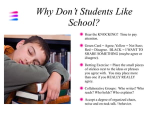 Why Don’t Students Like
      School?
           Hear the KNOCKING? Time to pay
           attention.

           Green Card = Agree; Yellow = Not Sure;
           Red = Disagree. BLACK = I WANT TO
           SHARE SOMETHING (maybe agree or
           disagree).

           Dotting Exercise = Place the small pieces
           of stickies next to the ideas or phrases
           you agree with. You may place more
           than one if you REALLY REALLY
           agree.

           Collaborative Groups: Who writes? Who
           reads? Who holds? Who explains?

           Accept a degree of organized chaos,
           noise and on-task talk / behavior.
 