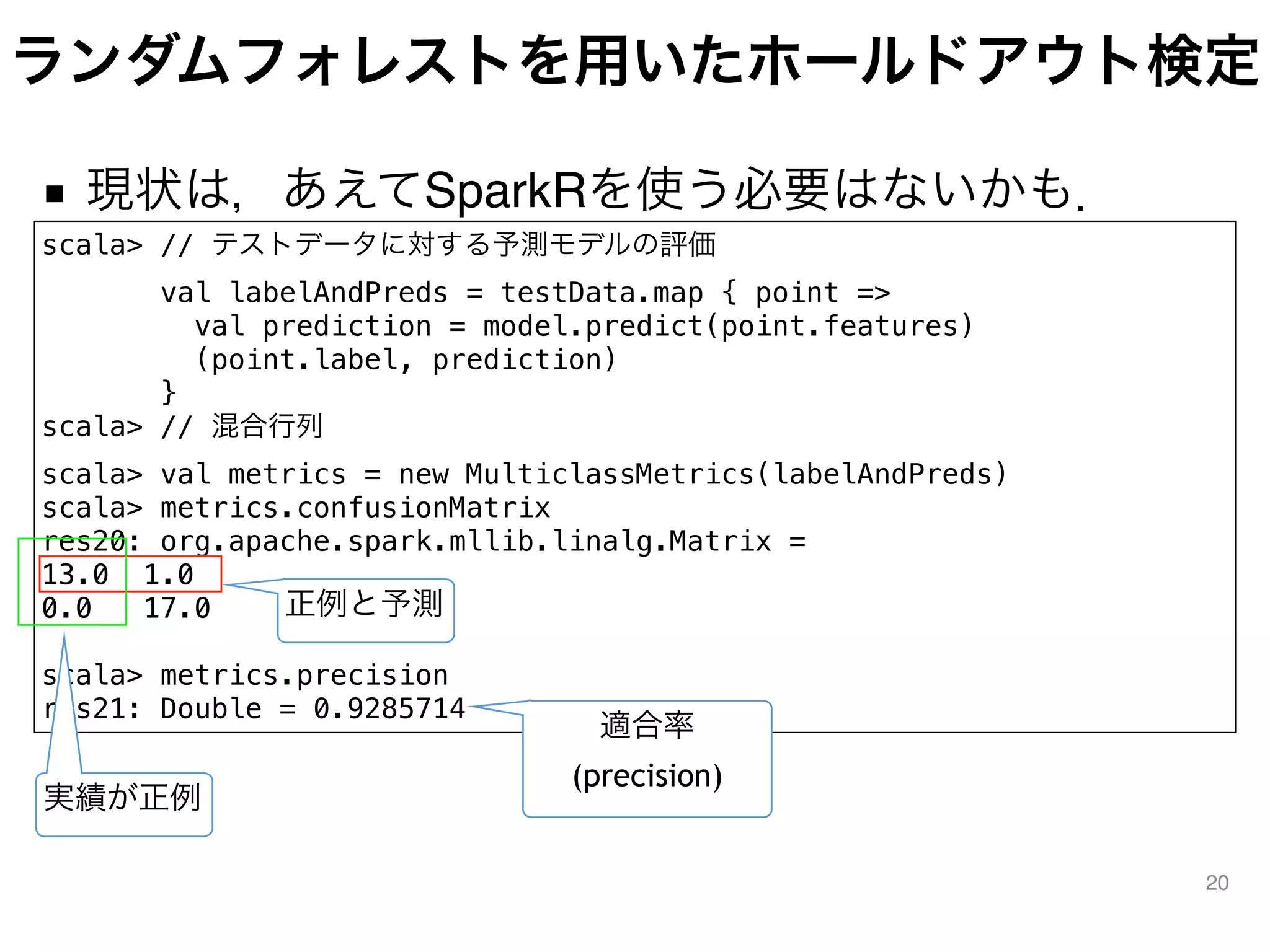 ランダムフォレストを用いたホールドアウト検定
■ 現状は，あえてSparkRを使う必要はないかも．
20
scala> // テストデータに対する予測モデルの評価
val labelAndPreds = testData.map { point =>
val prediction = model.predict(point.features)
(point.label, prediction)
}
scala> // 混合行列
scala> val metrics = new MulticlassMetrics(labelAndPreds)
scala> metrics.confusionMatrix
res20: org.apache.spark.mllib.linalg.Matrix =
13.0 1.0
0.0 17.0
scala> metrics.precision
res21: Double = 0.9285714
正例と予測
実績が正例
適合率
(precision)
 