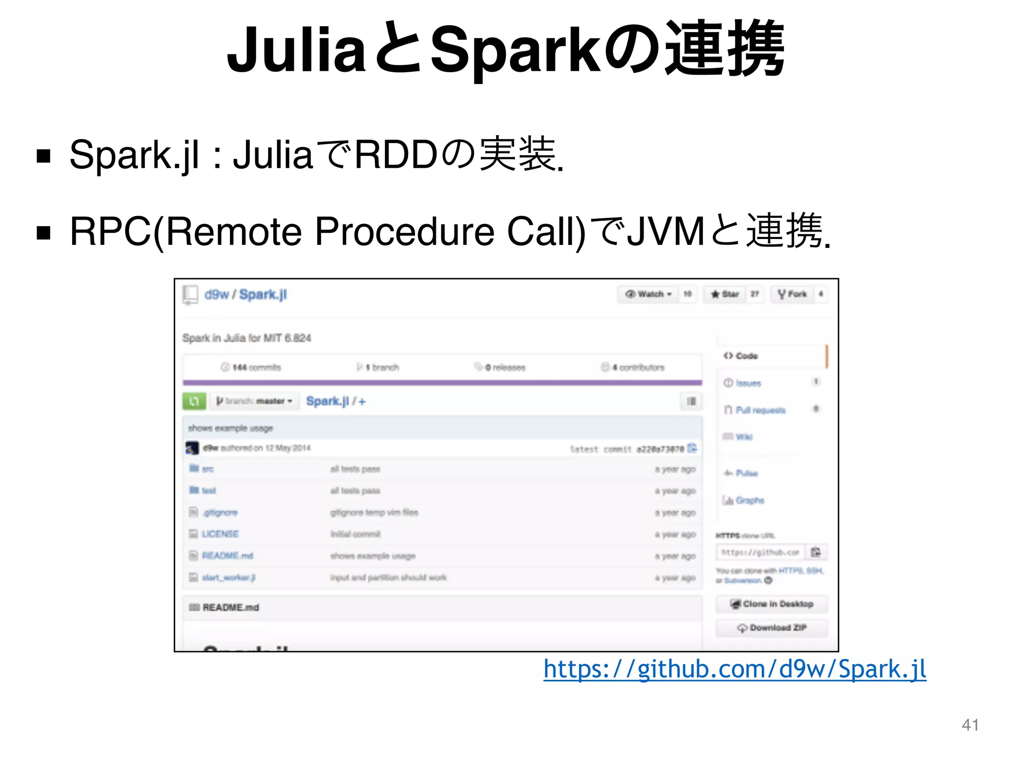 JuliaとSparkの連携
■ Spark.jl : JuliaでRDDの実装．
■ RPC(Remote Procedure Call)でJVMと連携．
41
https://github.com/d9w/Spark.jl
 
