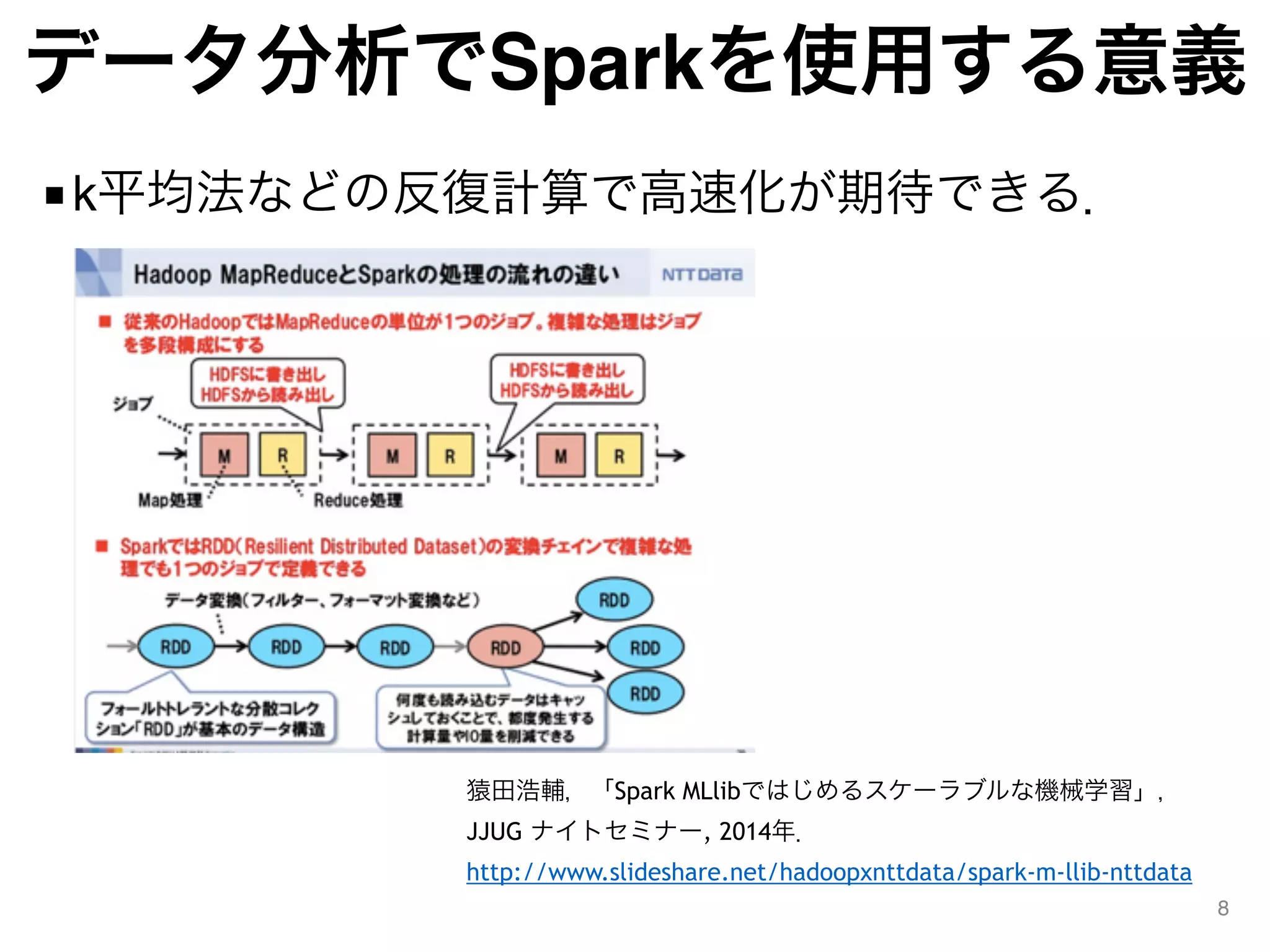 データ分析でSparkを使用する意義
■k平均法などの反復計算で高速化が期待できる．
8
猿田浩輔，「Spark MLlibではじめるスケーラブルな機械学習」，
JJUG ナイトセミナー, 2014年．
http://www.slideshare.net/hadoopxnttdata/spark-m-llib-nttdata
 
