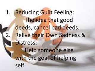 1. Reducing Guilt Feeling:
        The idea that good
   deeds, cancel bad deeds.
2. Relive their Own Sadness &
   Distress:
        Help someone else
   with the goal of helping
   self
 