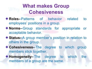 What makes Group
Cohesiveness
Roles--Patterns of behavior related to
employees’ positions in a group.
Norms--Group standards for appropriate or
acceptable behavior.
Status--A group member’s position in relation to
others in the group.
Cohesiveness--The degree to which group
members stick together.
Homogeneity--The degree to which the
members of a group are the same.
K 5
 
