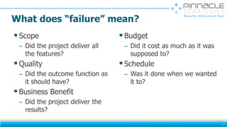 What does “failure” mean?
Scope
̶ Did the project deliver all
the features?
Quality
̶ Did the outcome function as
it should have?
Business Benefit
̶ Did the project deliver the
results?
Budget
̶ Did it cost as much as it was
supposed to?
Schedule
̶ Was it done when we wanted
it to?
3
 