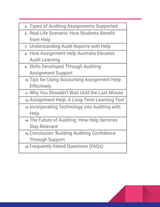 5.​ Types of Auditing Assignments Supported
6.​ Real-Life Scenario: How Students Benefit
from Help
7.​ Understanding Audit Reports with Help
8.​ How Assignment Help Australia Elevates
Audit Learning
9.​ Skills Developed Through Auditing
Assignment Support
10.​Tips for Using Accounting Assignment Help
Effectively
11.​Why You Shouldn’t Wait Until the Last Minute
12.​Assignment Help: A Long-Term Learning Tool
13.​Incorporating Technology into Auditing with
Help
14.​The Future of Auditing: How Help Services
Stay Relevant
15.​Conclusion: Building Auditing Confidence
Through Support
16.​Frequently Asked Questions (FAQs)
 