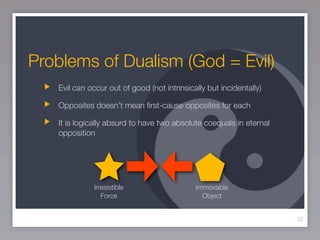 Problems of Dualism (God = Evil)
   Evil can occur out of good (not intrinsically but incidentally)

   Opposites doesn’t mean ﬁrst-cause opposites for each

   It is logically absurd to have two absolute coequals in eternal
   opposition




              Irresistible                   Immovable
                 Force                         Object


                                                                     32
 