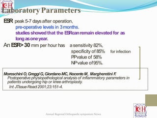 Laboratory Parameters
ESR peak 5-7 daysafter operation,
pre-operative levels in 3months.
studiesshowedthat the ESRcanremain elevated for as
longasoneyear.
An ESR>30 mm per hour has asensitivity 82%,
for infectionspecificity of 85%
PPvalue of 58%
NPvalue of95%.
Moreschini O,GreggiG,GiordanoMC,NocenteM, Margheretini F.
Postoperative physiopathological analysis of inflammatory parameters in
patients undergoing hip or kneearthroplasty.
Int JTissueReact2001;23:151-4.
Annual Regional Orthopaedic symposium Nizwa
 