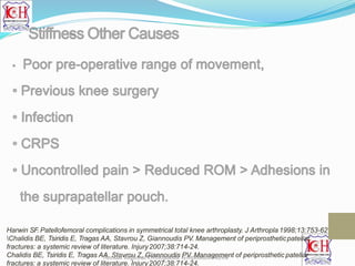 Harwin SF. Patellofemoral complications in symmetrical total knee arthroplasty. J Arthropla 1998;13:753-62
Chalidis BE, Tsiridis E, Tragas AA, Stavrou Z, Giannoudis PV. Management of periprostheticpatellar
fractures: a systemic review of literature. Injury2007;38:714-24.
Chalidis BE, Tsiridis E, Tragas AA, Stavrou Z, Giannoudis PV. Management of periprosthetic patellar
fractures: a systemic review of literature. Injury2007;38:714-24.
Annual Regional Orthopaedic symposium Nizwa
 