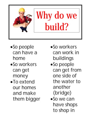 Why do we
           build?
So people     So workers
 can have a     can work in
 home           buildings
So workers    So people
 can get        can get from
 money          one side of
To extend      the water to
 our homes      another
 and make       (bridge)
 them bigger   So we can
                have shops
                to shop in
 