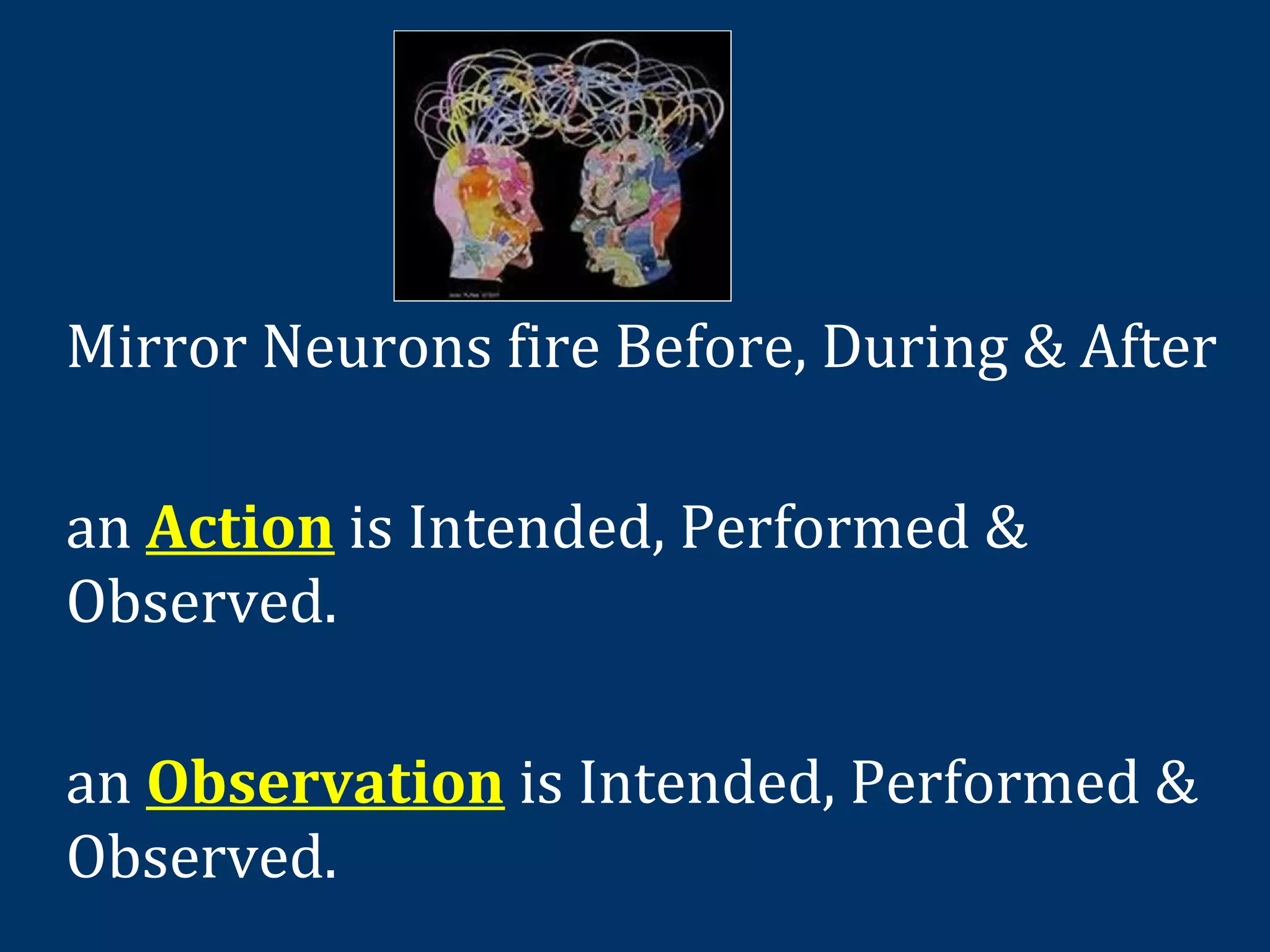 Mirror Neurons fire Before, During & After
an Action is Intended, Performed &
Observed.
an Observation is Intended, Performed &
Observed.
 