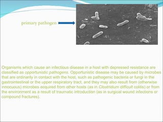 primary pathogen Organisms which cause an infectious disease in a host with depressed resistance are classified as  opportunistic pathogens . Opportunistic disease may be caused by microbes that are ordinarily in contact with the host, such as pathogenic bacteria or fungi in the gastrointestinal or the upper respiratory tract, and they may also result from (otherwise innocuous) microbes acquired from other hosts (as in  Clostridium difficult  colitis) or from the environment as a result of traumatic introduction (as in surgical wound infections or compound fractures).  