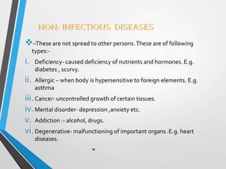 –These are not spread to other persons.These are of following
types:-
i. Deficiency- caused deficiency of nutrients and hormones. E.g.
diabetes , scurvy.
ii. Allergic – when body is hypersensitive to foreign elements. E.g.
asthma
iii.Cancer- uncontrolled growth of certain tissues.
iv.Mental disorder- depression ,anxiety etc.
v. Addiction :- alcohol, drugs.
vi.Degenerative- malfunctioning of important organs .E.g. heart
diseases.
 