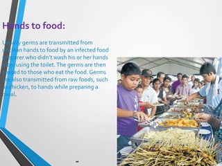 Hands to food:
Usually germs are transmitted from
unclean hands to food by an infected food
preparer who didn’t wash his or her hands
after using the toilet.The germs are then
passed to those who eat the food. Germs
are also transmitted from raw foods, such
as chicken, to hands while preparing a
meal.
 