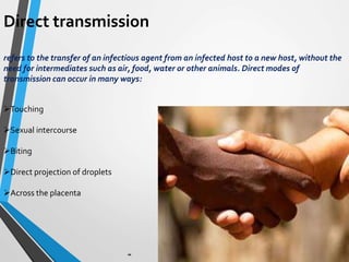 Direct transmission
refers to the transfer of an infectious agent from an infected host to a new host, without the
need for intermediates such as air, food, water or other animals. Direct modes of
transmission can occur in many ways:
Touching
Sexual intercourse
Biting
Direct projection of droplets
Across the placenta
 