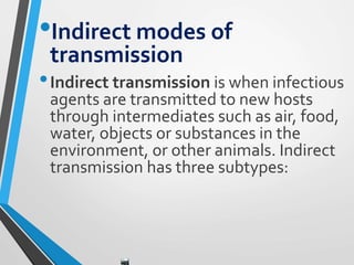 •Indirect modes of
transmission
•Indirect transmission is when infectious
agents are transmitted to new hosts
through intermediates such as air, food,
water, objects or substances in the
environment, or other animals. Indirect
transmission has three subtypes:
 