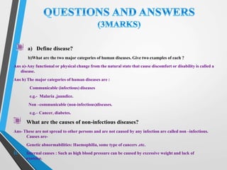 a) Define disease?
b)What are the two major categories of human diseases. Give two examples of each ?
Ans a)-Any functional or physical change from the natural state that cause discomfort or disability is called a
disease.
Ans b) The major categories of human diseases are :
Communicable (infectious) diseases
e.g.- Malaria ,jaundice.
Non –communicable (non-infectious)diseases.
e.g.– Cancer, diabetes.
What are the causes of non-infectious diseases?
Ans- These are not spread to other persons and are not caused by any infection are called non –infectious.
Causes are-
i. Genetic abnormabilities: Haemophilia, some type of cancers .etc.
ii. Internal causes : Such as high blood pressure can be caused by excessive weight and lack of
exercise.
 