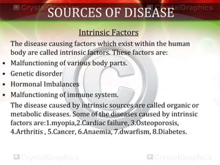 SOURCES OF DISEASE
Intrinsic Factors
The disease causing factors which exist within the human
body are called intrinsic factors. These factors are:
• Malfunctioning of various body parts.
• Genetic disorder
• Hormonal Imbalances
• Malfunctioning of immune system.
The disease caused by intrinsic sources are called organic or
metabolic diseases. Some of the diseases caused by intrinsic
factors are:1.myopia,2.Cardiac failure, 3.Osteoporosis,
4.Arthritis , 5.Cancer, 6.Anaemia, 7.dwarfism, 8.Diabetes.
 