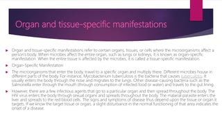 Organ and tissue-specific manifestations
 Organ and tissue-specific manifestations refer to certain organs, tissues, or cells where the microorganisms affect a
person’s body. When microbes affect the entire organ, such as lungs or kidneys, it is known as organ-specific
manifestation. When the entire tissue is affected by the microbes, it is called a tissue-specific manifestation.
 Organ-Specific Manifestation
 The microorganisms that enter the body, travel to a specific organ and multiply there. Different microbes house in
different parts of the body. For instance, Mycobacterium tuberculosis is the bacteria that causes tuberculosis. It
usually enters the body through the nose and migrates to the lungs. Other disease-causing bacteria such as the
Salmonella enter through the mouth (through consumption of infected food or water) and travels to the gut lining.
 However, there are a few infectious agents that go to a particular organ and then spread throughout the body. The
HIV virus enters the body through sexual organs and spreads throughout the body. The malarial parasite enters the
liver and spreads to the red blood cells. The signs and symptoms of disease thus depend upon the tissue or organ it
targets. If we know the target tissue or organ, a slight disturbance in the normal functioning of that area indicates the
onset of a disease.
 
