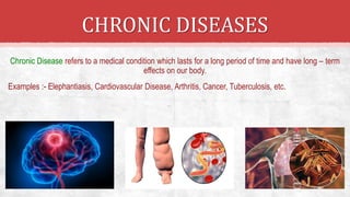 CHRONIC DISEASES
Chronic Disease refers to a medical condition which lasts for a long period of time and have long – term
effects on our body.
Examples :- Elephantiasis, Cardiovascular Disease, Arthritis, Cancer, Tuberculosis, etc.
 