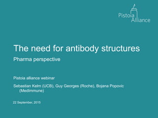 22 September, 2015
The need for antibody structures
Pharma perspective
Pistoia alliance webinar
Sebastian Kelm (UCB), Guy Georges (Roche), Bojana Popovic
(MedImmune)
 
