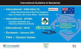 International Guideline & Standards:
• International : NSW-HEALTH
- Public Swimming Pool & Spa Pool Guidelines
– Dept. Of Health, New South Wales – AUSTRALIA
• International : APVMA
– Australian Pesticides and
Veterinary Medicines Authority
• International : WHO
• European : German DIN: 19643 DIN
• FINA | Olympic Games
 
