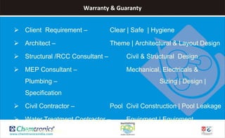 Warranty & Guaranty
 Client Requirement – Clear | Safe | Hygiene
 Architect – Theme | Architectural & Layout Design
 Structural /RCC Consultant – Civil & Structural Design
 MEP Consultant – Mechanical, Electricals &
Plumbing – Sizing | Design |
Specification
 Civil Contractor – Pool Civil Construction | Pool Leakage
 Water Treatment Contractor – Equipment | Equipment
Performance
 