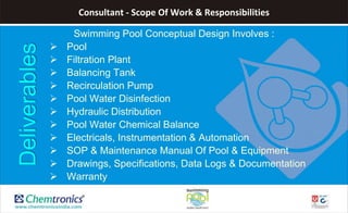 Consultant - Scope Of Work & Responsibilities
Swimming Pool Conceptual Design Involves :
 Pool
 Filtration Plant
 Balancing Tank
 Recirculation Pump
 Pool Water Disinfection
 Hydraulic Distribution
 Pool Water Chemical Balance
 Electricals, Instrumentation & Automation
 SOP & Maintenance Manual Of Pool & Equipment
 Drawings, Specifications, Data Logs & Documentation
 Warranty
Deliverables
 