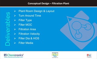 Conceptual Design – Filtration Plant
 Plant Room Design & Layout
 Turn Around Time
 Filter Type
 Filter MOC
 Filtration Area
 Filtration Velocity
 Filter Dia & HOS
 Filter Media
Deliverables
 