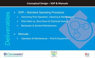 Conceptual Design – SOP & Manuals
 SOP – Standard Operating Procedure
 Swimming Pool Operation, Cleaning & Maintenance
 Plant Start up, Shut Down & Chemical Dosing
 Backwash & General Maintenance
 Manuals
 Operation & Maintenance – Pool & Equipment
Deliverables
 
