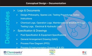 Conceptual Design – Documentation
 Logs & Documents
 Design Philosophy, Spares List, Testing Procedures, Safety
Instructions
 Chemical Logs, Operation Logs, Maintenance & Breakdown Logs,
Testing Logs, Electrical & Hydraulic Logs
 Specification & Drawings
 Pool Specification & Equipment Specifications
 General Arrangement Drawing (GAD)
 Process Flow Diagram (PFD)
 Process & Instrumentation Drawing (P & ID)
Deliverables
 