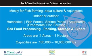 Pool Classification – Aqua Culture | Aquarium
Mostly for Fish farming, aqua culture & Aquariums
indoor or outdoor
Hatcheries | Fish Farms | Shrimp Ponds | Aquariums|
|Ornamental Fish Farming |
Sea Food Processing , Packing, Storage & Export
Areas are :1 Acres – 1 Hectors
Capacities are :100,000 – 10,000,000 ltrs
 