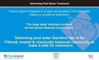 Swimming Pool Water Treatment
Various types of bacteria & viruses can develop in the pool water
making it un-safe for swimmers.
The large water volumes involved,
do not permit disposal of pool water.
Swimming pool water therefore has to be
Filtered, treated & chemically balanced continually to
make it safe for swimmers.
 