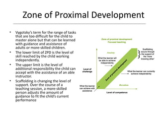 Zone of Proximal Development Vygotsky’s term for the range of tasks that are too difficult for the child to master alone but that can be learned with guidance and assistance of adults or more-skilled children.  The lower limit of ZPD is the level of skill reached by the child working independently. The upper limit is the level of additional responsibility the child can accept with the assistance of an able instructor.  Scaffolding is changing the level of support. Over the course of a teaching session, a more-skilled person adjusts the amount of guidance to fit the child’s current performance  